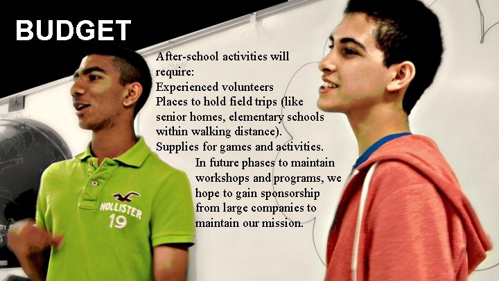 BUDGET After-school activities will require: Experienced volunteers Places to hold field trips (like senior