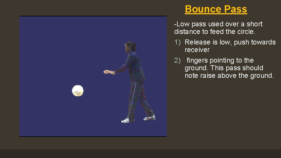 Bounce Pass -Low pass used over a short distance to feed the circle. 1)
