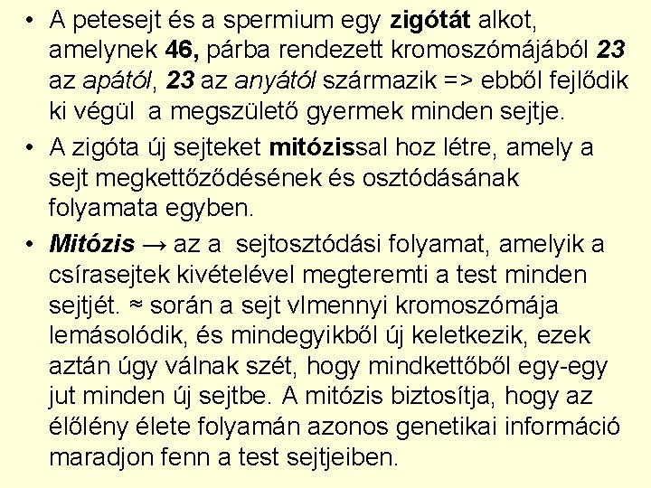  • A petesejt és a spermium egy zigótát alkot, amelynek 46, párba rendezett