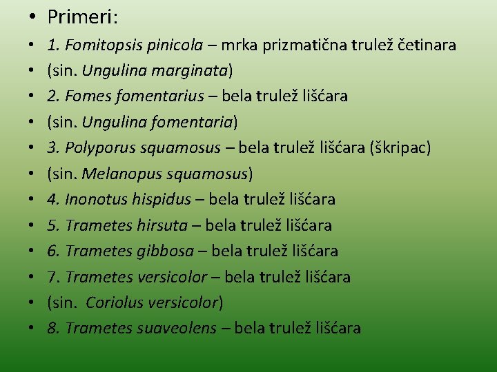  • Primeri: • • • 1. Fomitopsis pinicola – mrka prizmatična trulež četinara