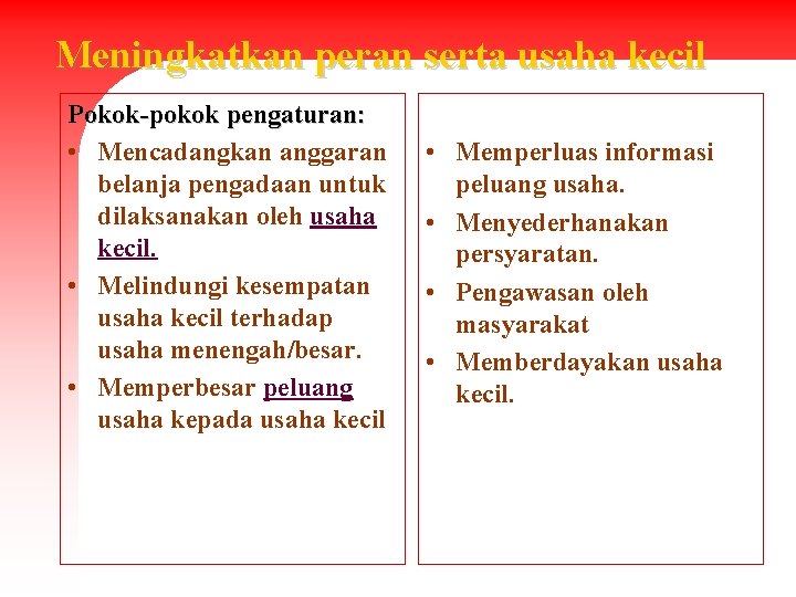 Meningkatkan peran serta usaha kecil Pokok-pokok pengaturan: • Mencadangkan anggaran belanja pengadaan untuk dilaksanakan