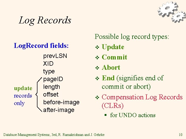 Log Records Log. Record fields: update records only prev. LSN XID type page. ID