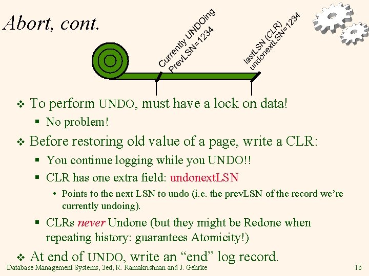 Abort, cont. v To perform UNDO, must have a lock on data! § No