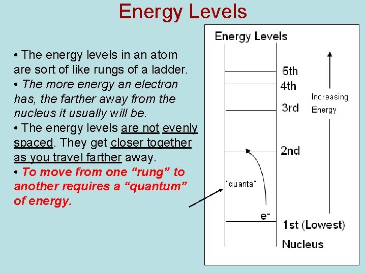 Energy Levels • The energy levels in an atom are sort of like rungs Energy Levels • The energy levels in an atom are sort of like rungs