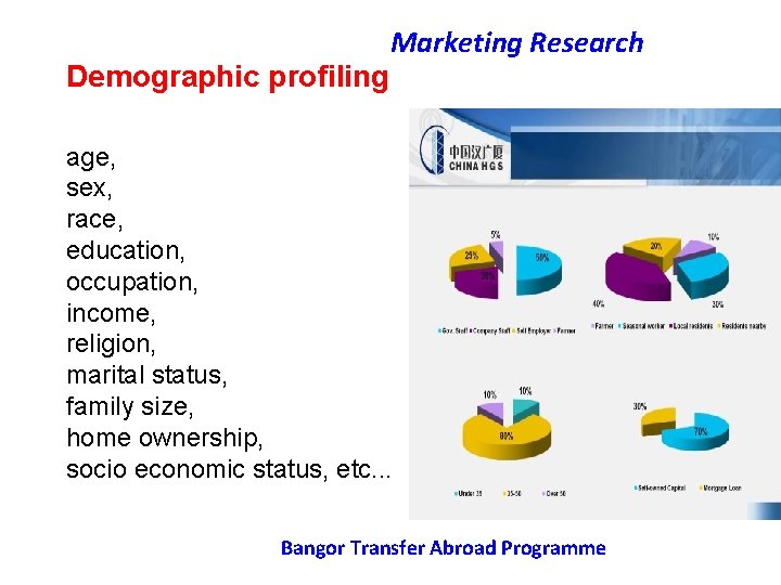 Demographic profiling Marketing Research age, sex, race, education, occupation, income, religion, marital status, family