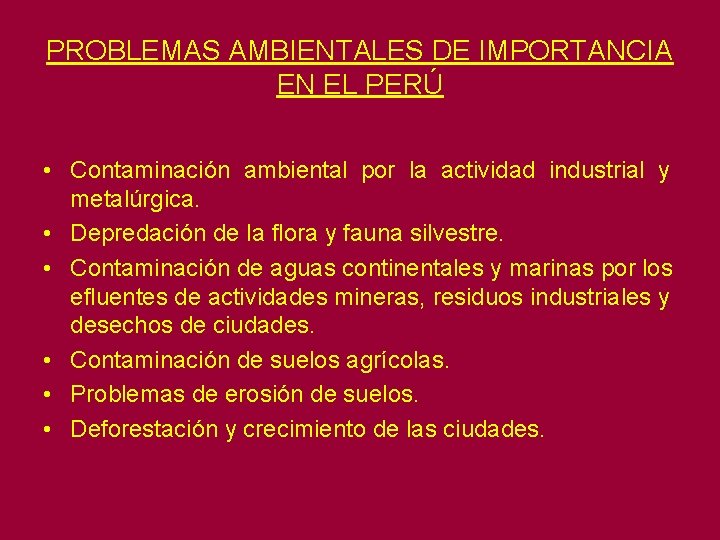 PROBLEMAS AMBIENTALES DE IMPORTANCIA EN EL PERÚ • Contaminación ambiental por la actividad industrial