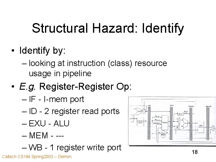 Structural Hazard: Identify • Identify by: – looking at instruction (class) resource usage in
