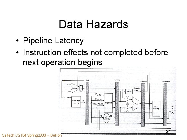 Data Hazards • Pipeline Latency • Instruction effects not completed before next operation begins