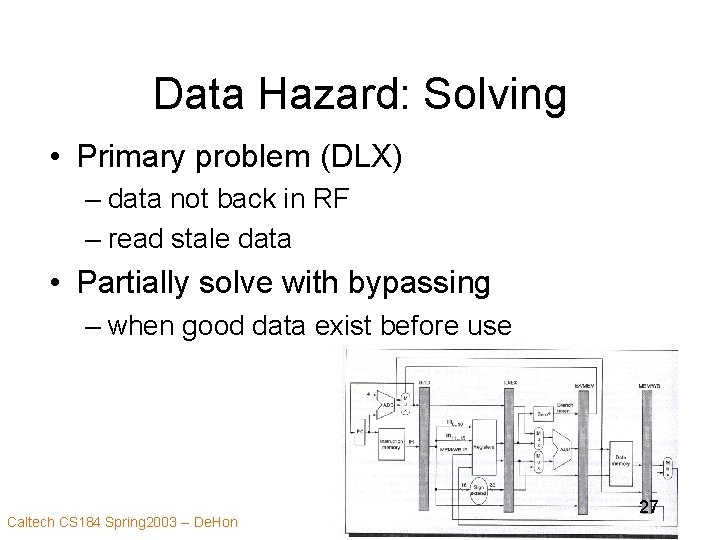 Data Hazard: Solving • Primary problem (DLX) – data not back in RF –