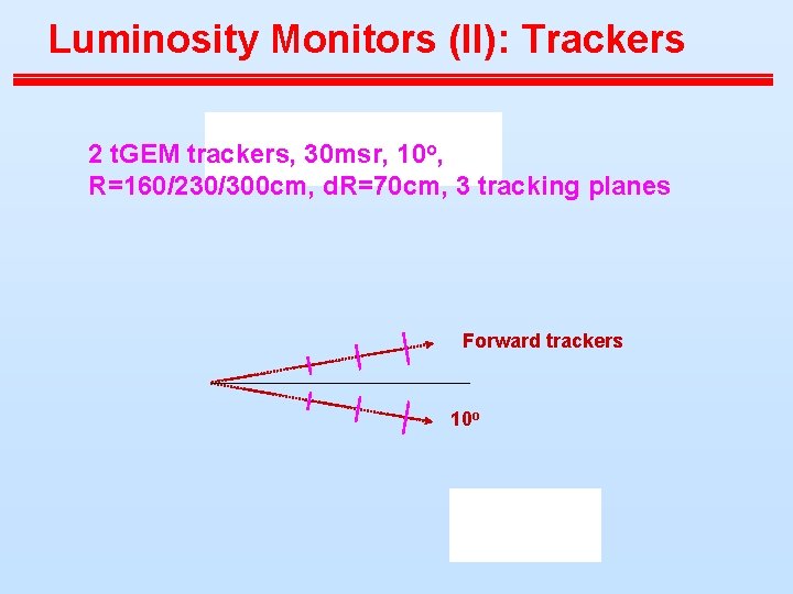 Luminosity Monitors (II): Trackers 2 t. GEM trackers, 30 msr, 10 o, R=160/230/300 cm,