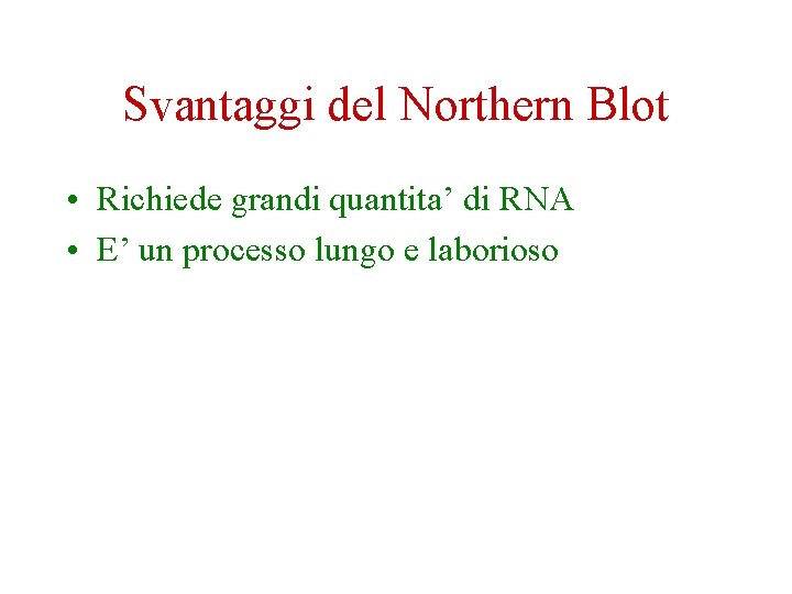 Svantaggi del Northern Blot • Richiede grandi quantita’ di RNA • E’ un processo