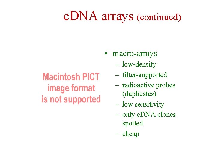 c. DNA arrays (continued) • macro-arrays – low-density – filter-supported – radioactive probes (duplicates)