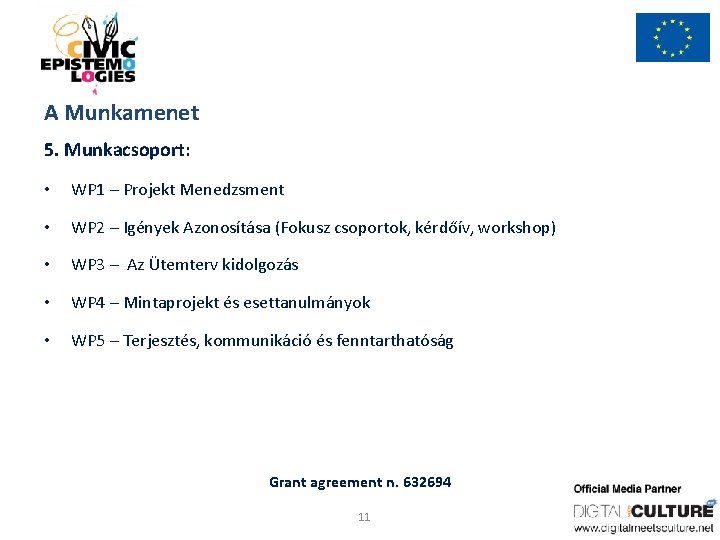 A Munkamenet 5. Munkacsoport: • WP 1 – Projekt Menedzsment • WP 2 –