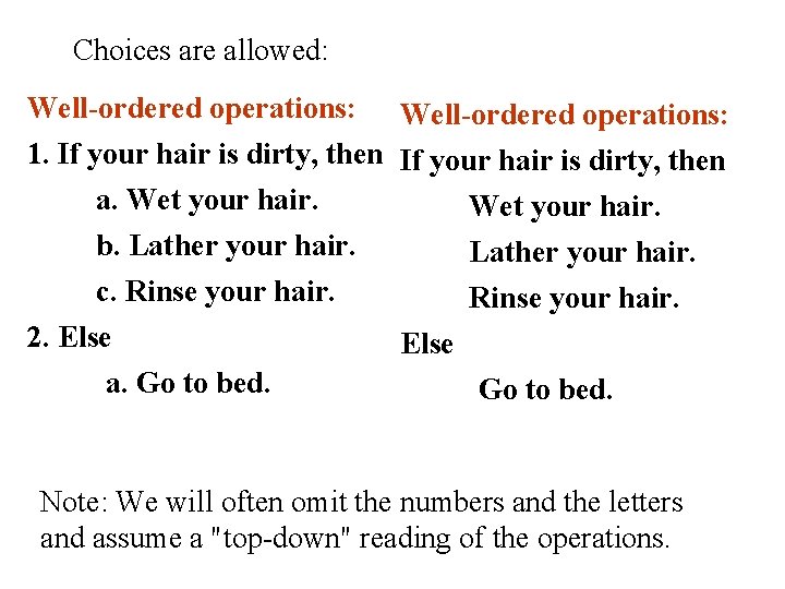 Choices are allowed: Well-ordered operations: 1. If your hair is dirty, then a. Wet Choices are allowed: Well-ordered operations: 1. If your hair is dirty, then a. Wet