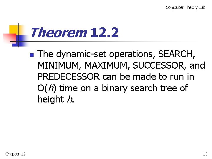 Computer Theory Lab. Theorem 12. 2 n Chapter 12 The dynamic-set operations, SEARCH, MINIMUM,