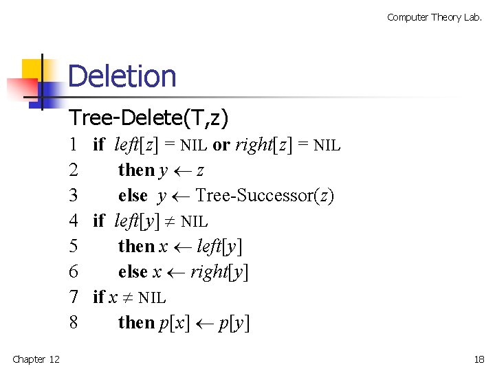 Computer Theory Lab. Deletion Tree-Delete(T, z) 1 if left[z] = NIL or right[z] =