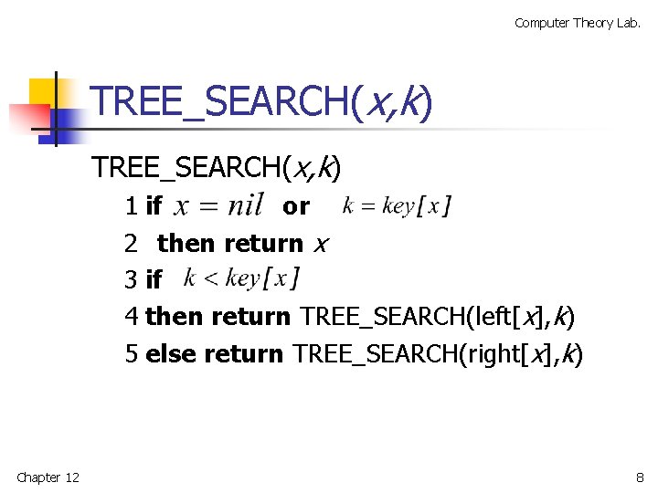 Computer Theory Lab. TREE_SEARCH(x, k) 1 if or 2 then return x 3 if