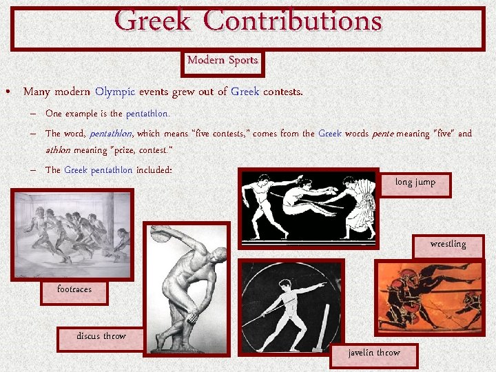 Greek Contributions Modern Sports • Many modern Olympic events grew out of Greek contests. Greek Contributions Modern Sports • Many modern Olympic events grew out of Greek contests.