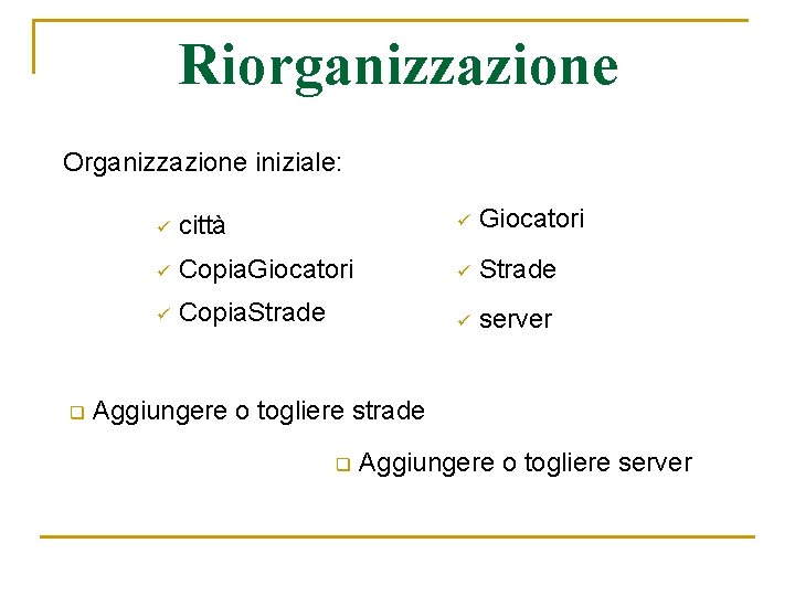 Riorganizzazione Organizzazione iniziale: q ü città ü Giocatori ü Copia. Giocatori ü Strade ü