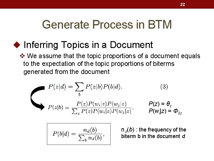 22 Generate Process in BTM u Inferring Topics in a Document v We assume