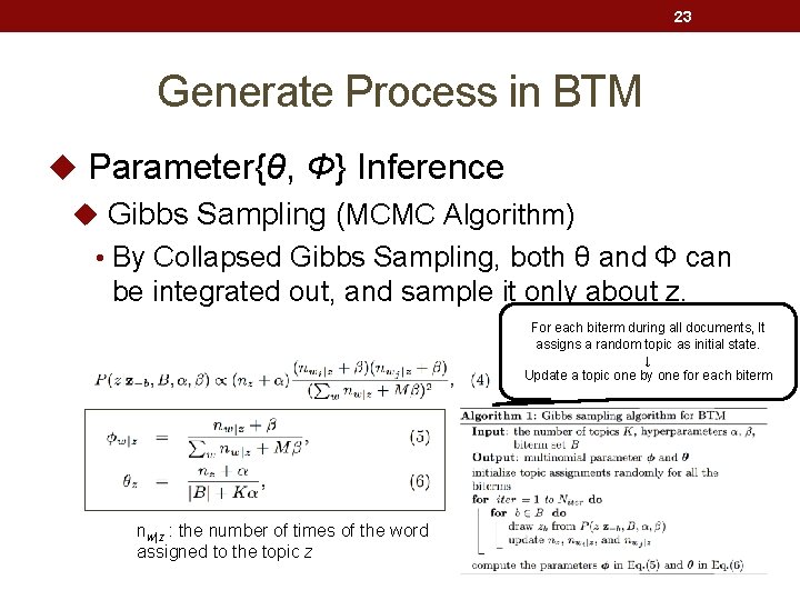 23 Generate Process in BTM u Parameter{θ, Φ} Inference u Gibbs Sampling (MCMC Algorithm)