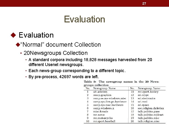 27 Evaluation u“Normal” document Collection • 20 Newsgroups Collection • A standard corpora including