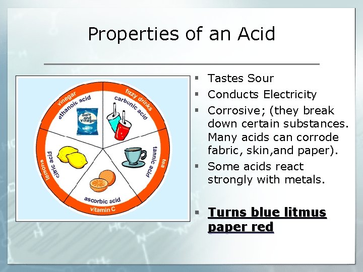 Properties of an Acid § Tastes Sour § Conducts Electricity § Corrosive; (they break