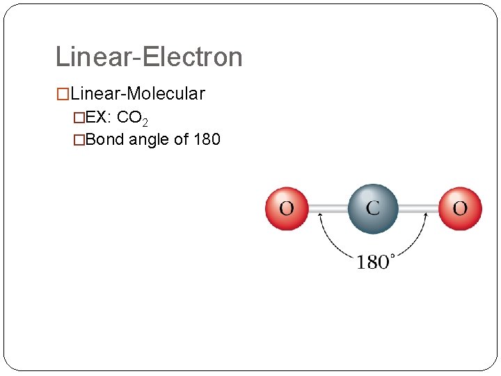 Linear-Electron �Linear-Molecular �EX: CO 2 �Bond angle of 180 