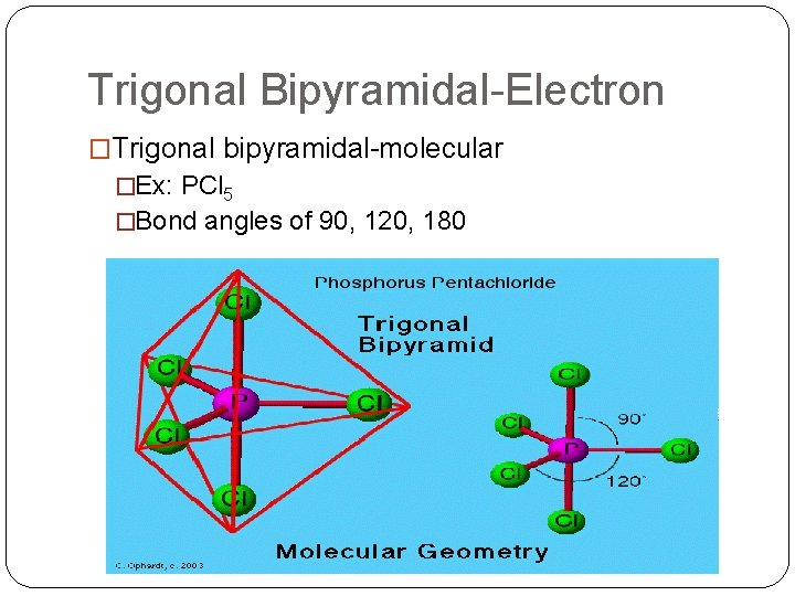 Trigonal Bipyramidal-Electron �Trigonal bipyramidal-molecular �Ex: PCl 5 �Bond angles of 90, 120, 180 