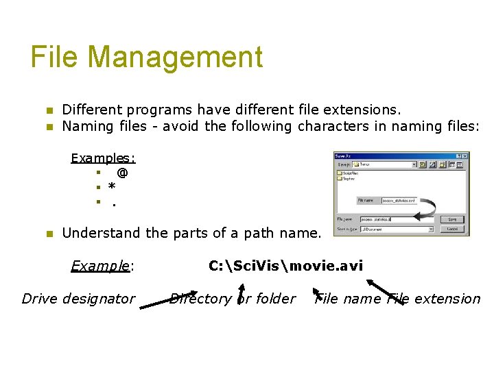 File Management n n Different programs have different file extensions. Naming files - avoid