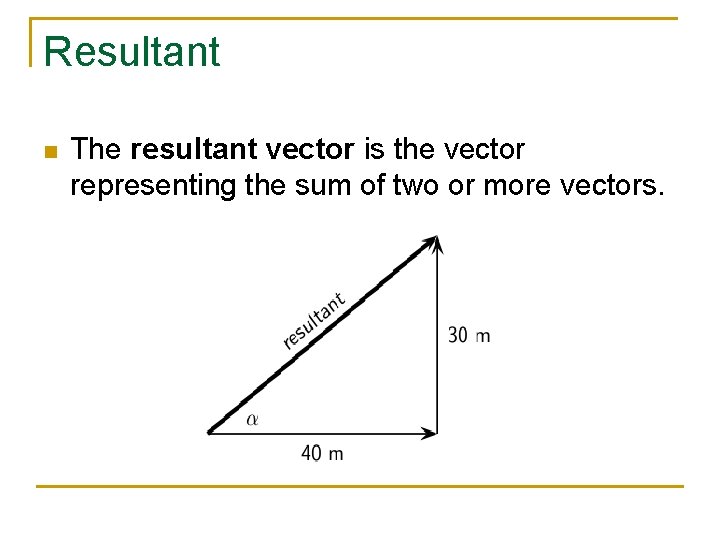 Resultant n The resultant vector is the vector representing the sum of two or