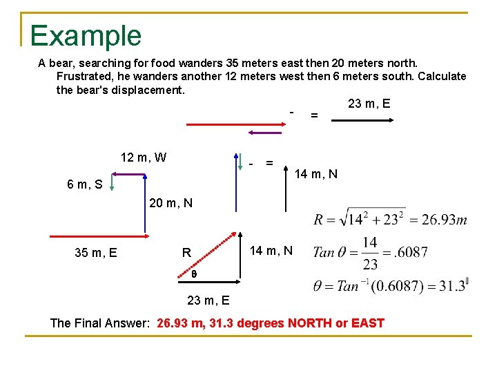 Example A bear, searching for food wanders 35 meters east then 20 meters north.
