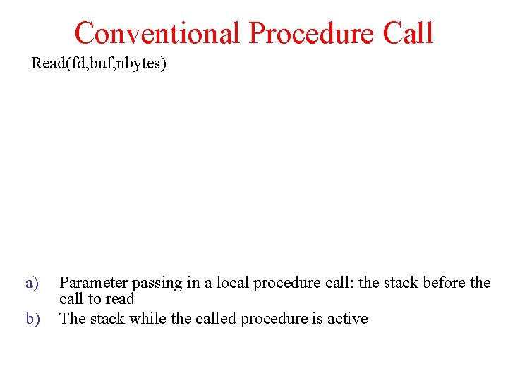 Conventional Procedure Call Read(fd, buf, nbytes) a) b) Parameter passing in a local procedure