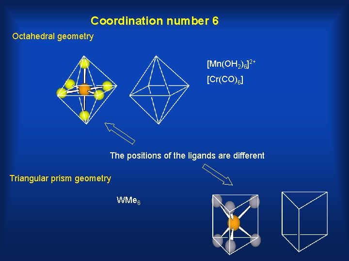 Coordination number 6 Octahedral geometry [Mn(OH 2)6]2+ [Cr(CO)6] The positions of the ligands are