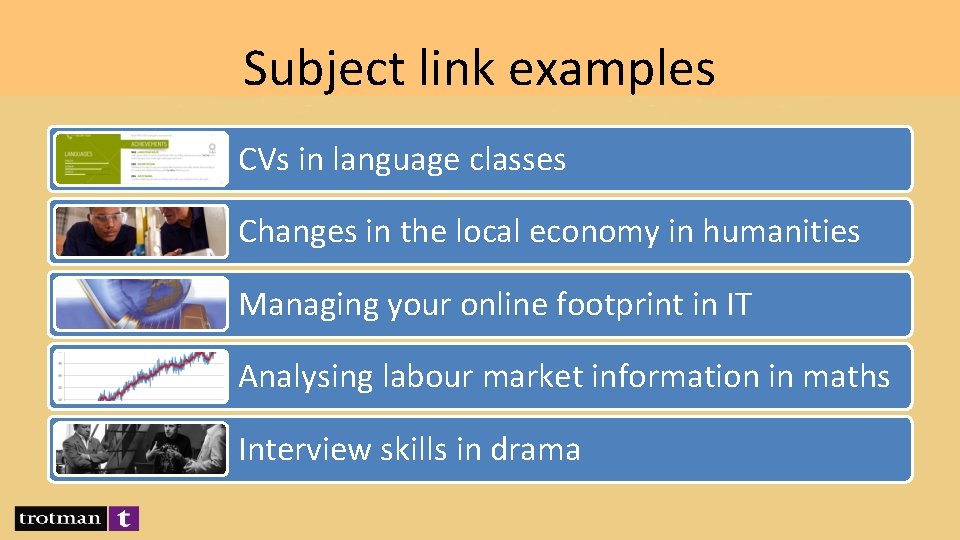 Subject link examples CVs in language classes Changes in the local economy in humanities