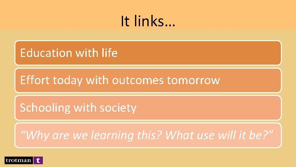 It links… Education with life Effort today with outcomes tomorrow Schooling with society “Why