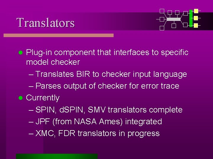 Translators Plug-in component that interfaces to specific model checker – Translates BIR to checker