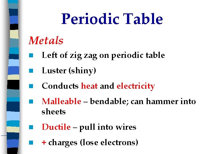 Periodic Table Metals Left of zig zag on periodic table Luster (shiny) Conducts heat