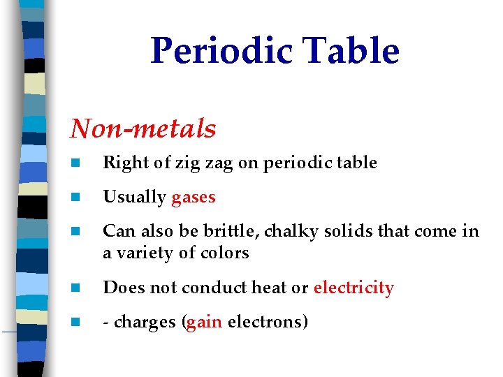 Periodic Table Non-metals Right of zig zag on periodic table Usually gases Can also