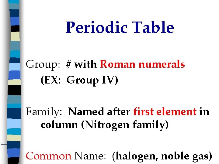 Periodic Table Group: # with Roman numerals (EX: Group IV) Family: Named after first