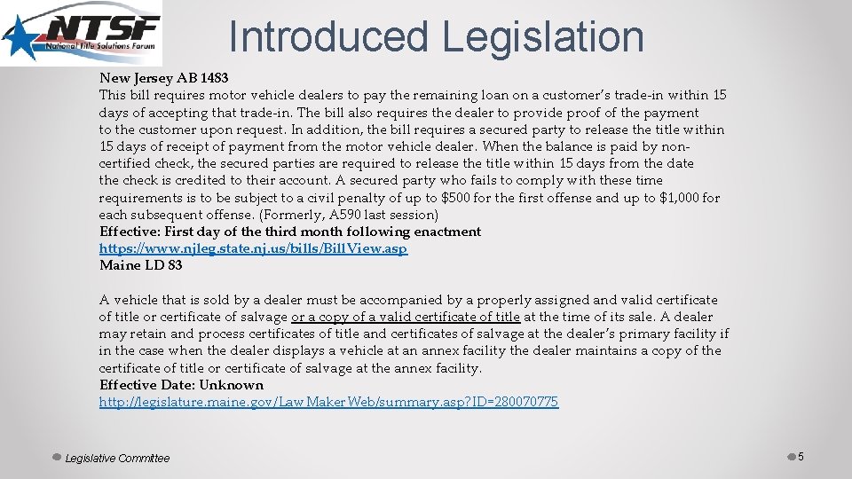 Introduced Legislation New Jersey AB 1483 This bill requires motor vehicle dealers to pay