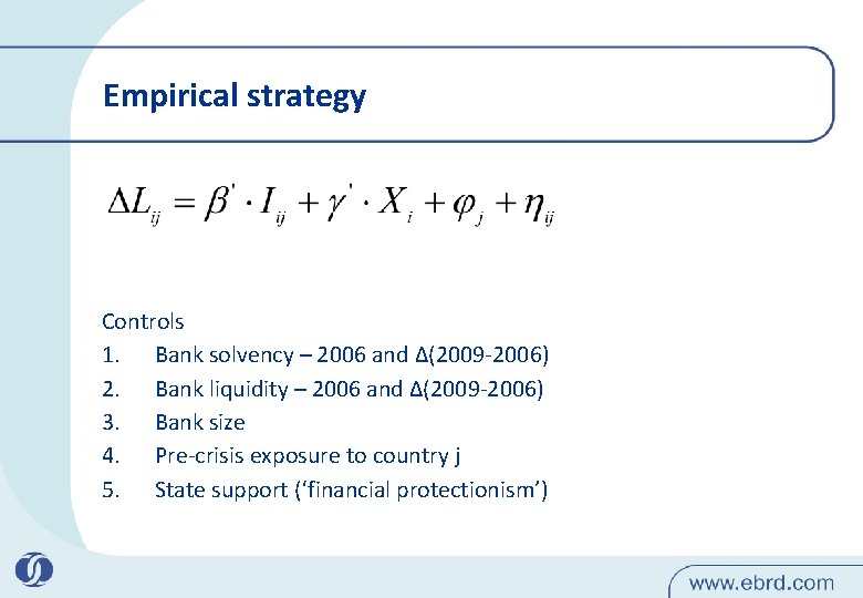 Empirical strategy Controls 1. Bank solvency – 2006 and Δ(2009 -2006) 2. Bank liquidity