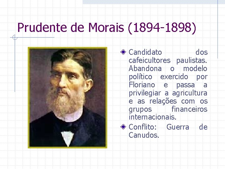 Prudente de Morais (1894 -1898) Candidato dos cafeicultores paulistas. Abandona o modelo político exercido