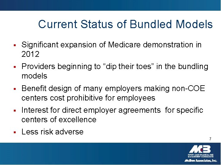 Current Status of Bundled Models § Significant expansion of Medicare demonstration in 2012 §