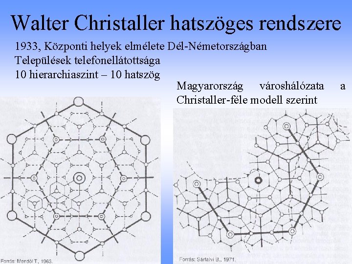 Walter Christaller hatszöges rendszere 1933, Központi helyek elmélete Dél-Németországban Települések telefonellátottsága 10 hierarchiaszint –