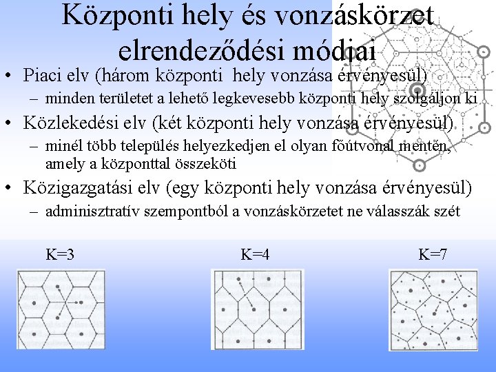 Központi hely és vonzáskörzet elrendeződési módjai • Piaci elv (három központi hely vonzása érvényesül)