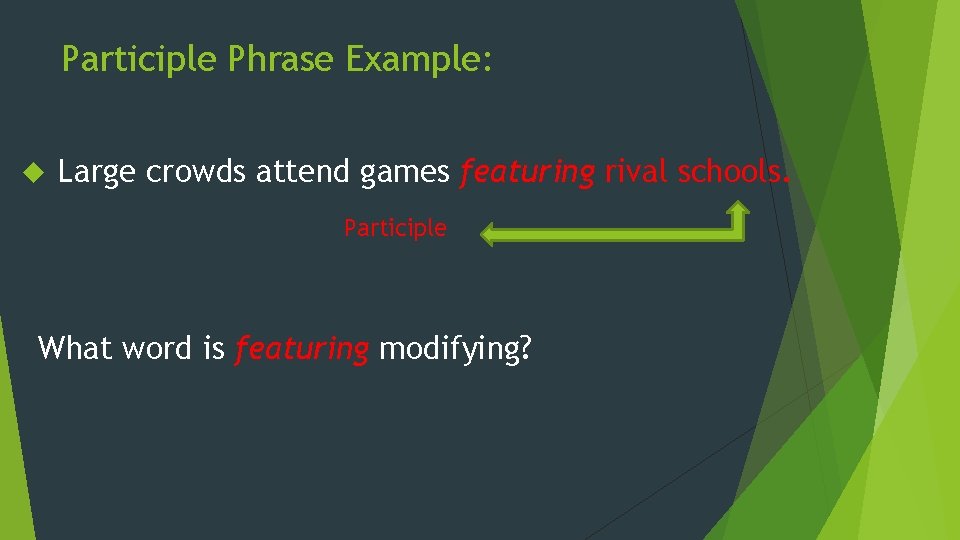 Participle Phrase Example: Large crowds attend games featuring rival schools. Participle What word is