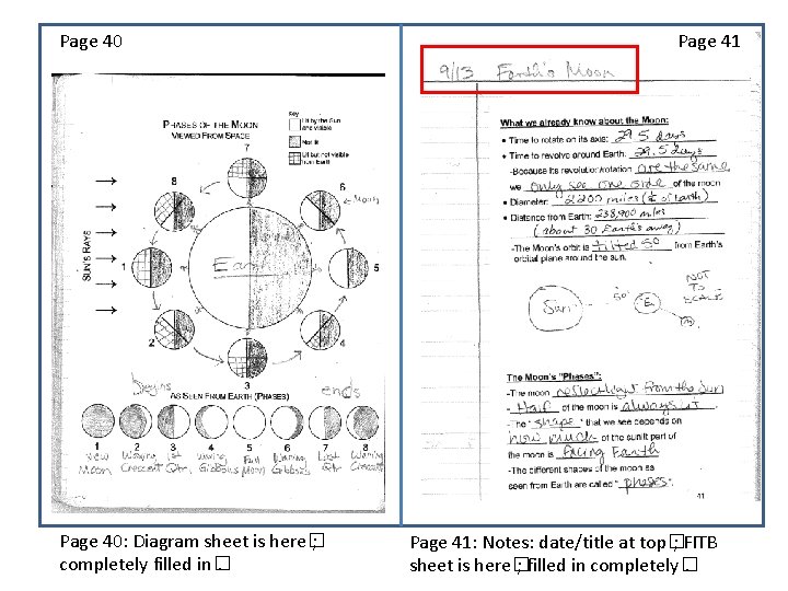 Page 40: Diagram sheet is here� ; completely filled in�. Page 41: Notes: date/title