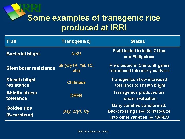 Some examples of transgenic rice produced at IRRI Trait Transgene(s) Status Xa 21 Field