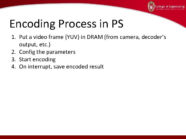 Encoding Process in PS 1. Put a video frame (YUV) in DRAM (from camera,
